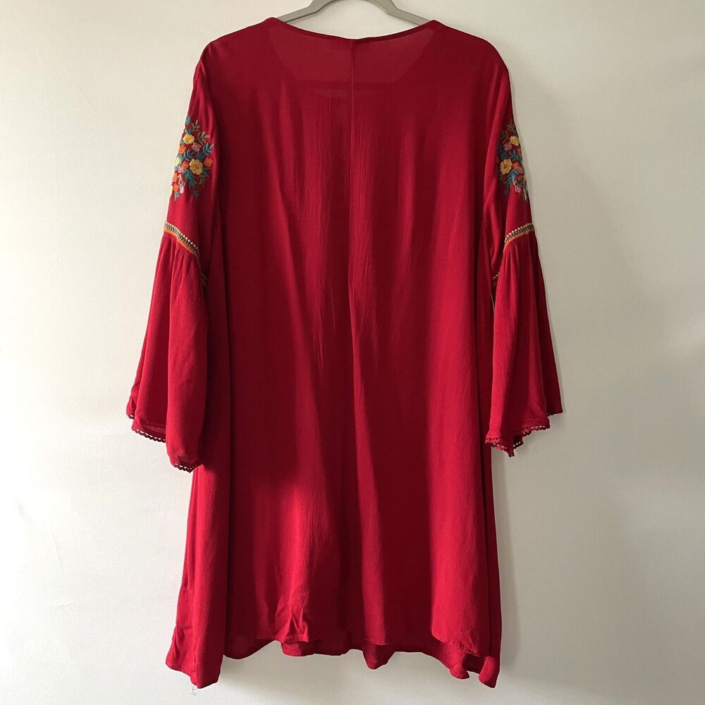 Umgee Boho Embroidered Red Bell Sleeve Tunic Shift Dress Size XL - Picture 2 of 11